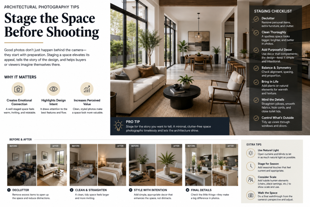 architectural photography tips - Stage the Space Before Shooting