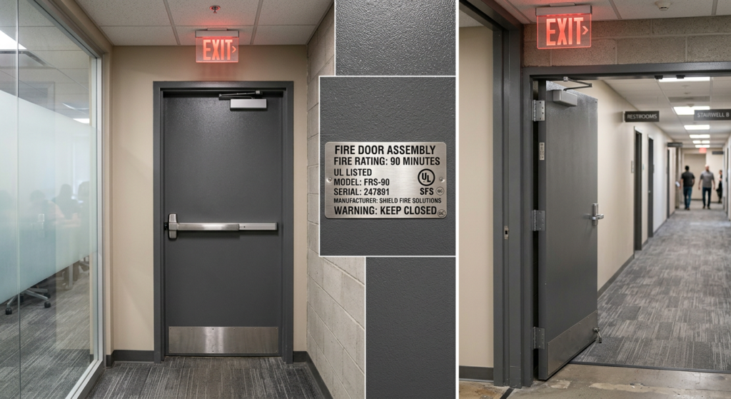 Fire-rated door assembly with certification label in commercial building