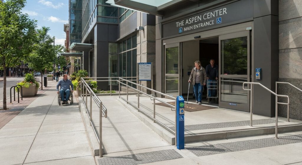 Accessible commercial building entrance with ramp and automatic door