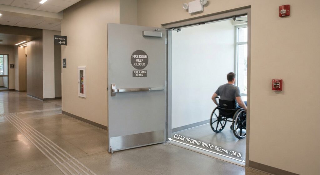 Accessible fire door with lever handle and clear opening width