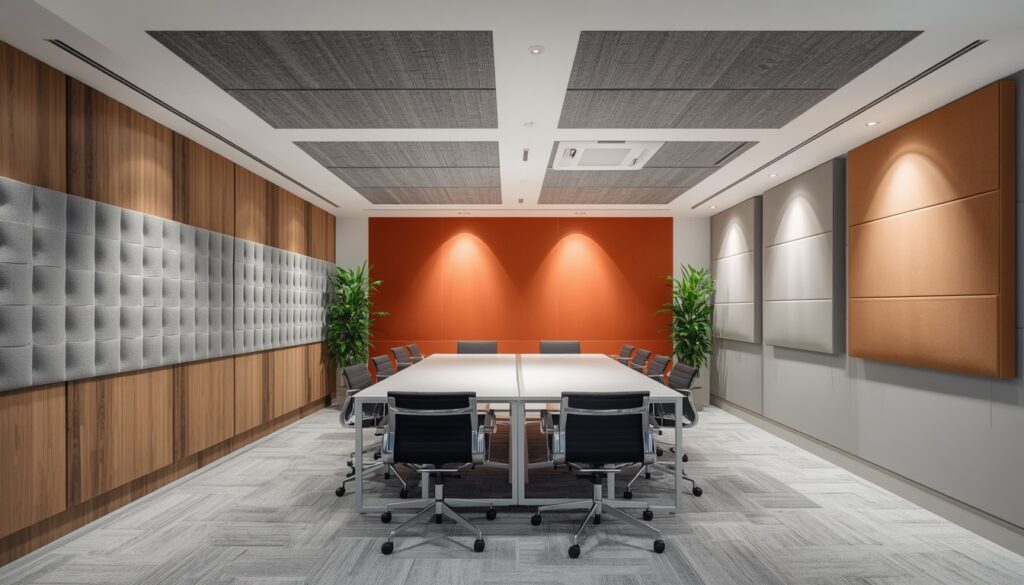 Acoustic panels on walls and ceiling in a modern office