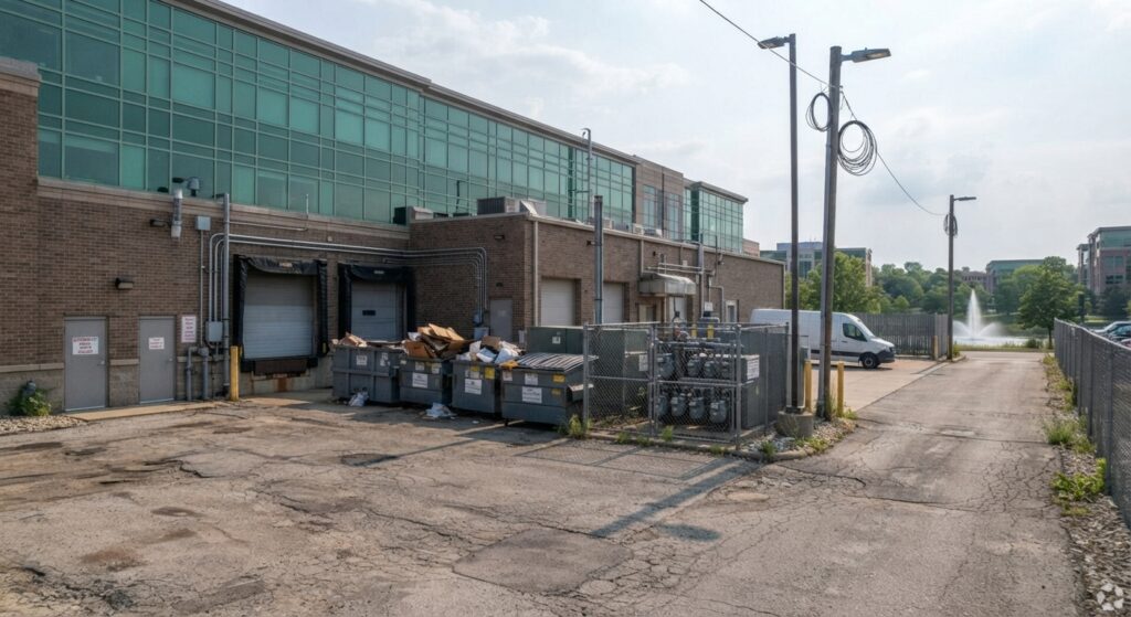 Service lane behind commercial building showing rear setback