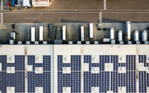 Modern commercial building with solar panels and energy-efficient design