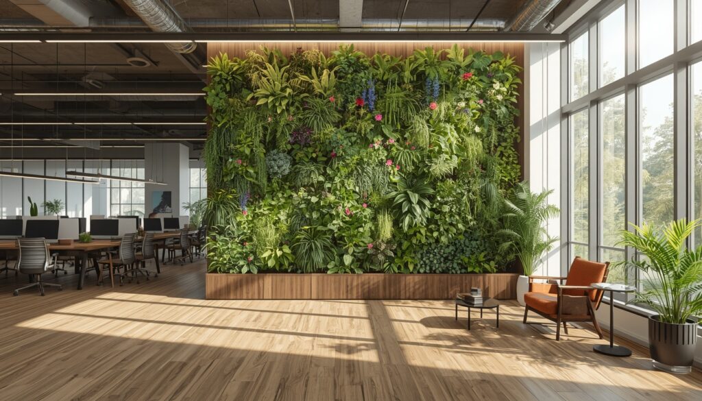 Office interior with a living wall and abundant natural light