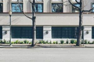 Modern commercial building with front setback and landscaping