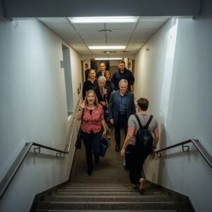 Commercial building fire drill with employees evacuating via stairwell
