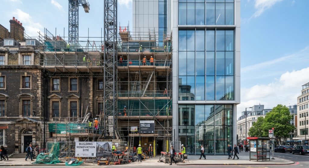 Commercial building undergoing renovation with scaffolding
