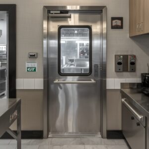Commercial kitchen exit door with push bar hardware