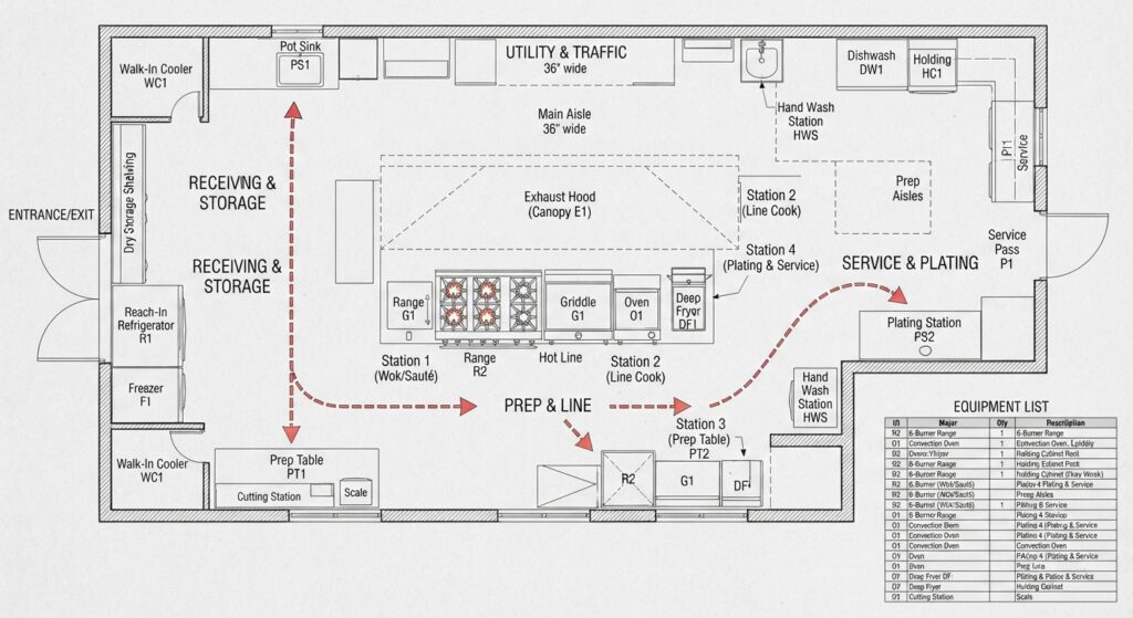 Commercial kitchen floor plan showing equipment layout and workflow