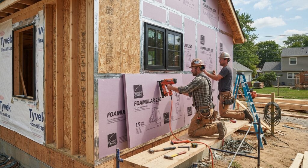 Rigid foam continuous insulation being installed over exterior wall sheathing