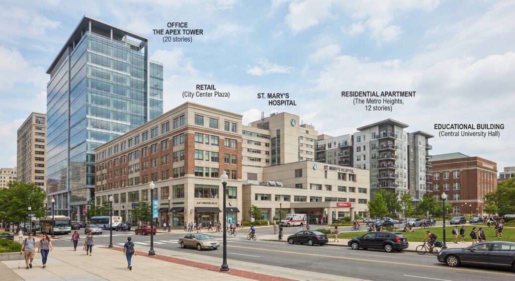 A collage of different commercial building types including office, retail, and hospital buildings.