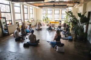 Office wellness room with calming design and yoga mats