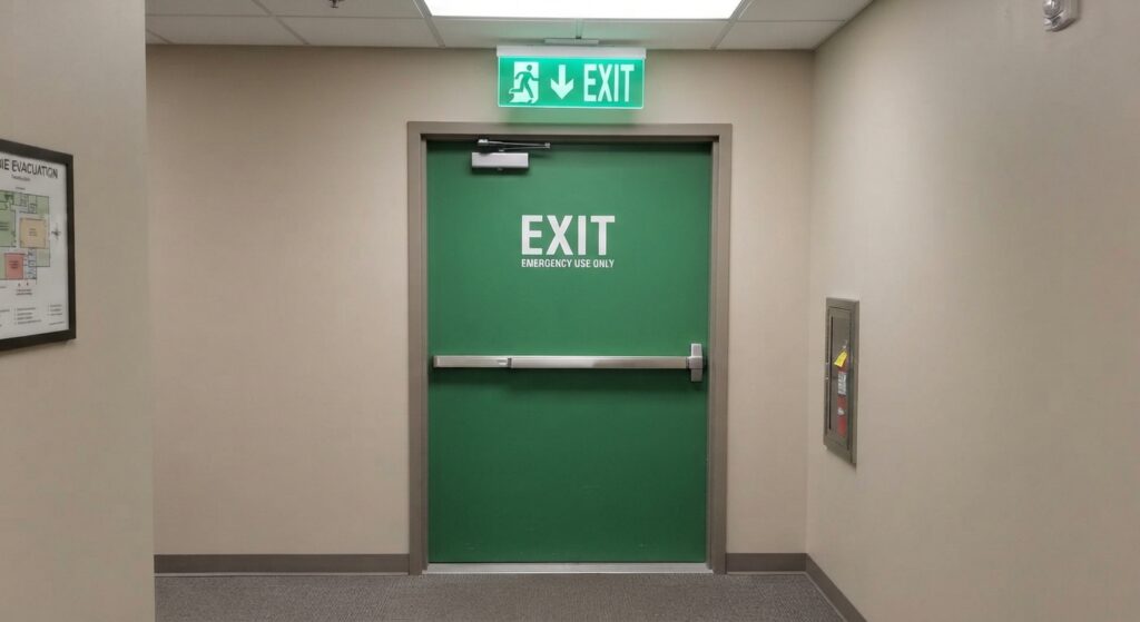 Commercial emergency exit door with push bar and illuminated exit sign