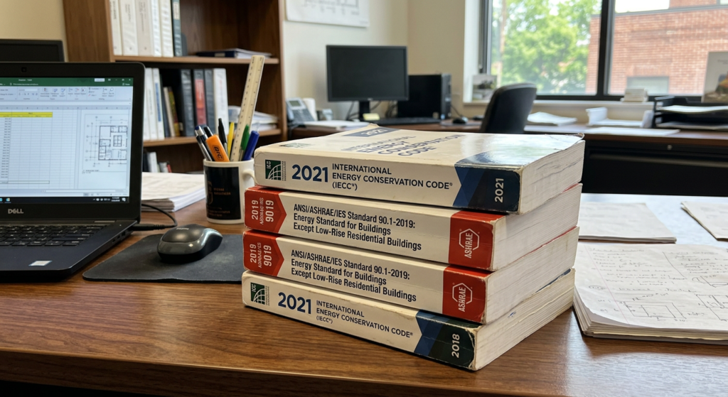 Copies of IECC and ASHRAE 90.1 energy codes stacked on a desk