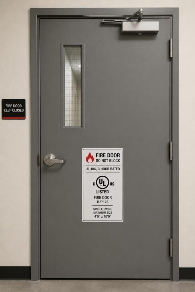 Fire-rated door with visible certification label and overhead door closer