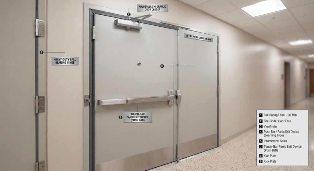 Fire door hardware components including hinges, closer, and push bar