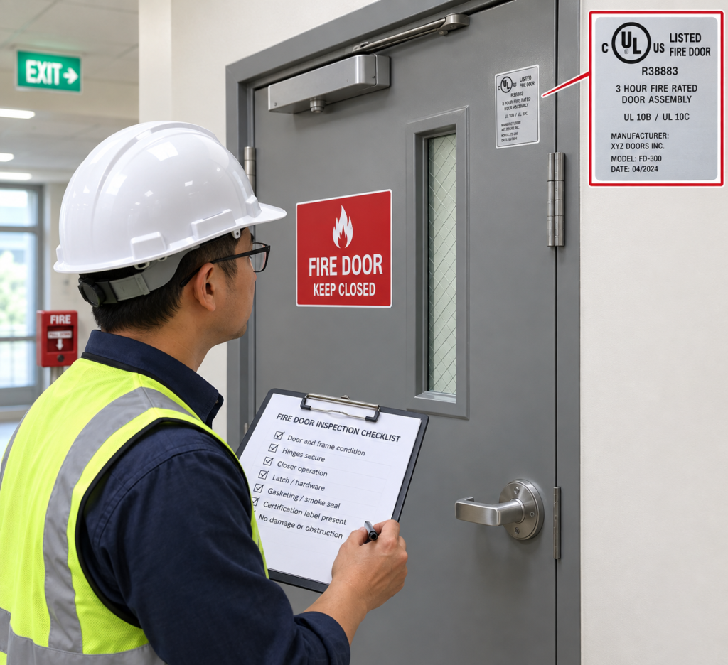 Inspector checking a fire door's certification label and condition