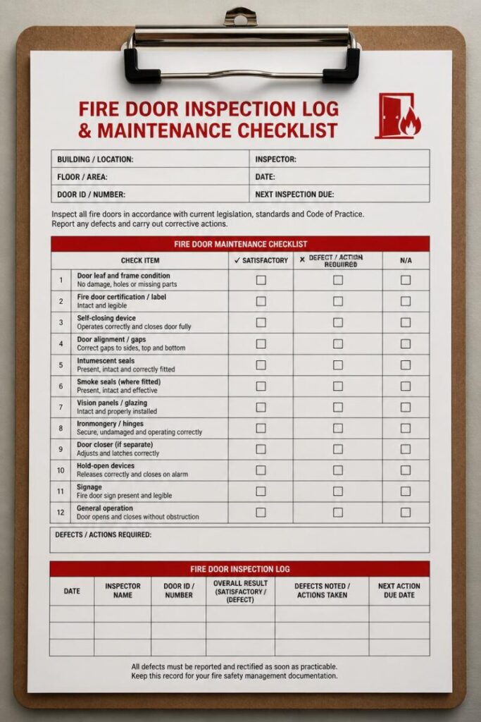 Fire door inspection log and maintenance checklist on a clipboard
