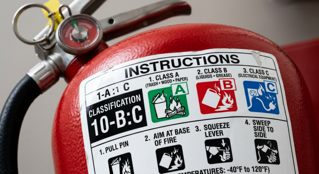 Close-up of a fire extinguisher label showing Class A, B, and C ratings