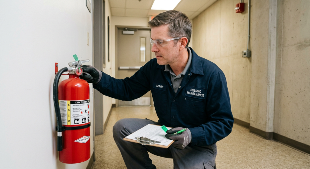 Maintenance technician inspecting a fire extinguisher