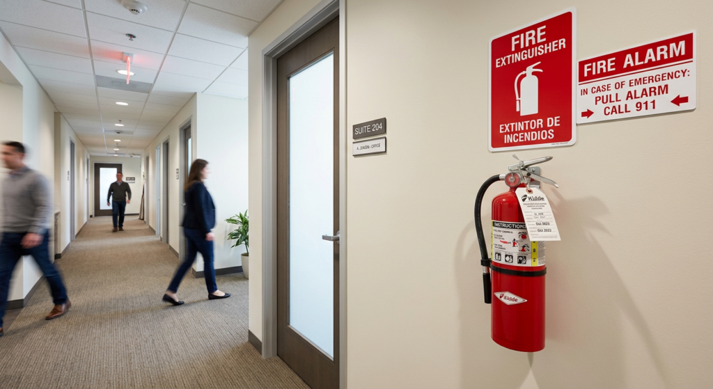 Fire extinguisher mounted on a wall in a commercial corridor with clear signage