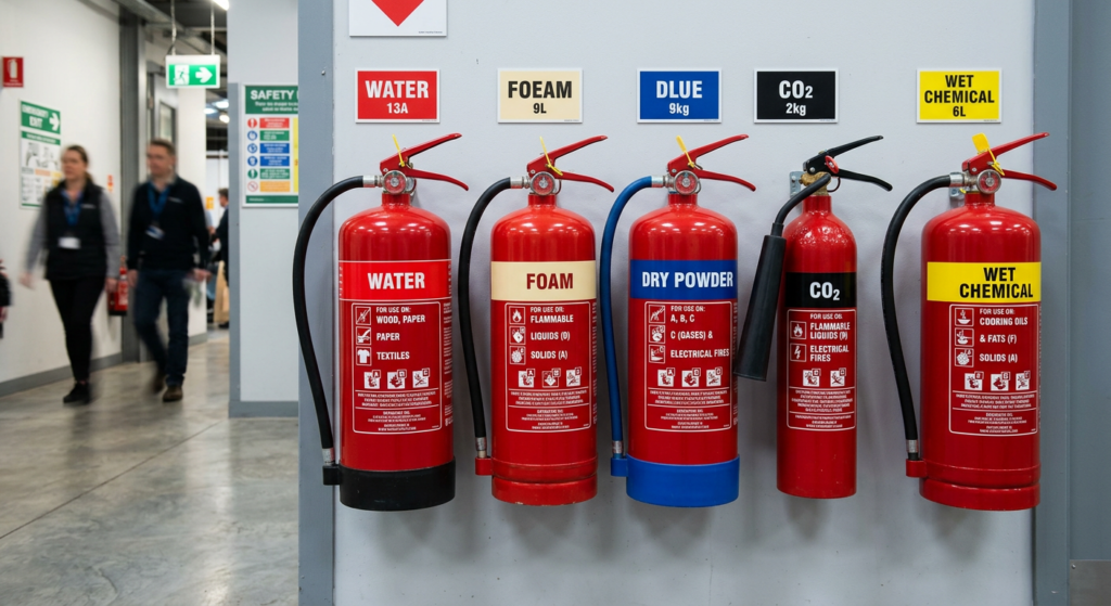 Different types of fire extinguishers showing color codes and classification labels