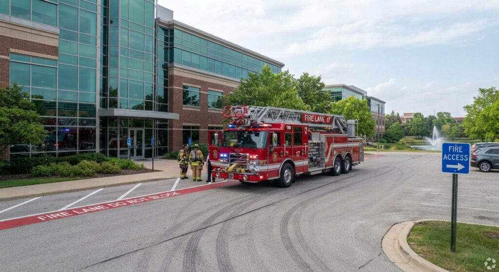 Fire truck parked next to commercial building showing access