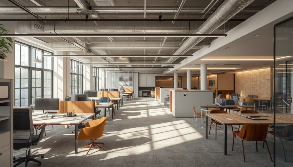 Flexible office workspace with modular furniture and collaborative zones