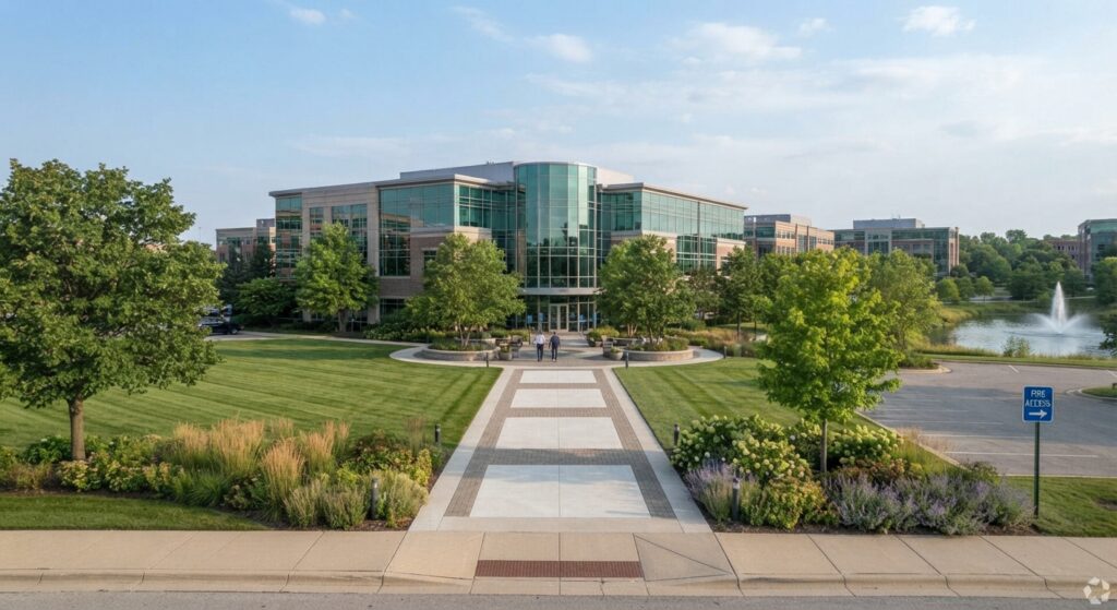 Modern commercial building with front setback and landscaping