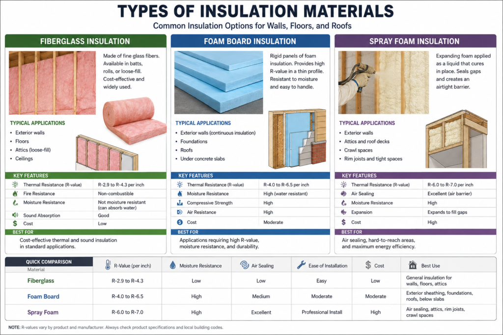 Different types of insulation materials including fiberglass, foam board, and spray foam