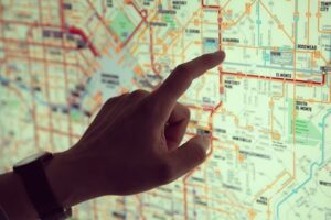Building evacuation floor plan with marked exit routes