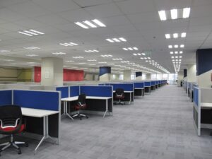 Acoustic panels on walls and ceiling in a modern office