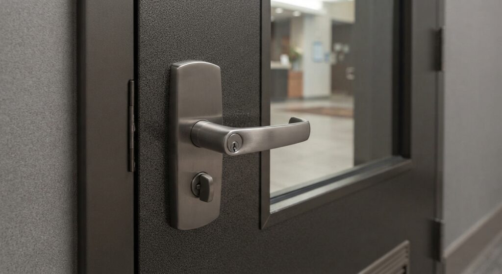 Lever-style door handle on commercial door