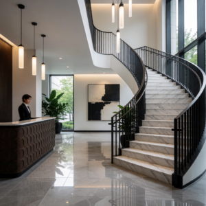 Elegant lobby with curved staircase and modern lighting