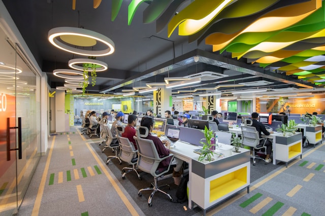 Staged commercial office with modern furniture and decor