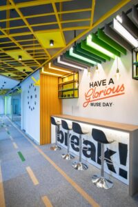 Modern office social space with lounge seating and cafe