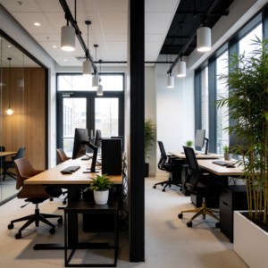 Bright office interior with natural light streaming through large windows