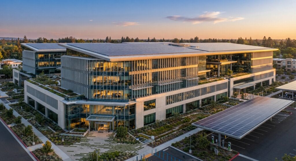 Modern commercial building with solar panels and energy-efficient design