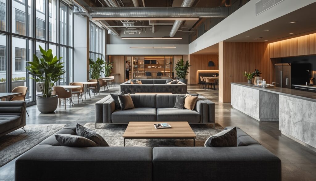 Modern office social space with lounge seating and cafe