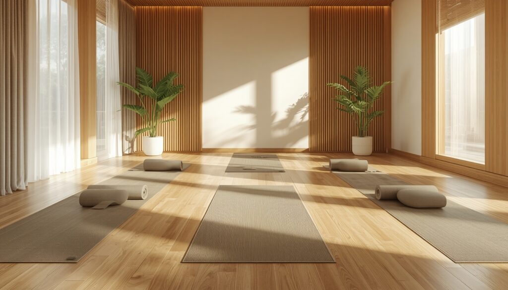 Office wellness room with calming design and yoga mats