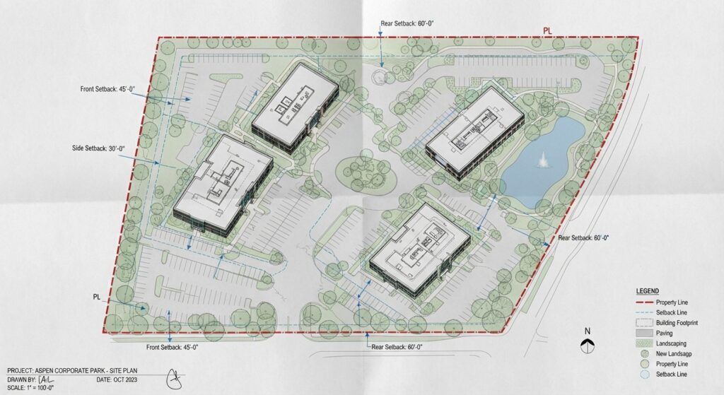 Architectural site plan showing building setbacks