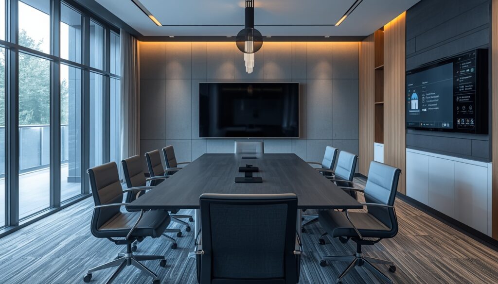 Smart meeting room with video conferencing and touchscreen controls