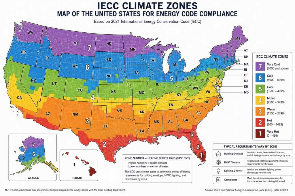 Map of the United States showing IECC climate zones for energy code compliance