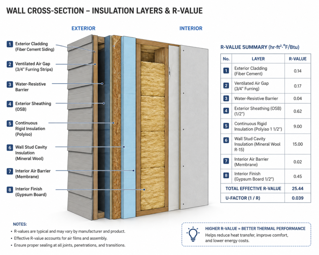 Cross-section diagram showing wall insulation layers with R-value labels