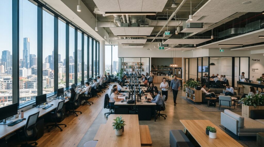 Wide-angle view of a modern office interior with large windows and open space