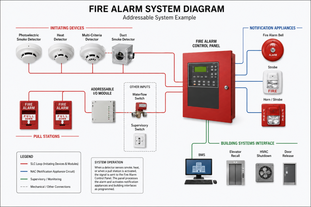 Fire alarm system diagram showing detectors, pull stations, and control panel