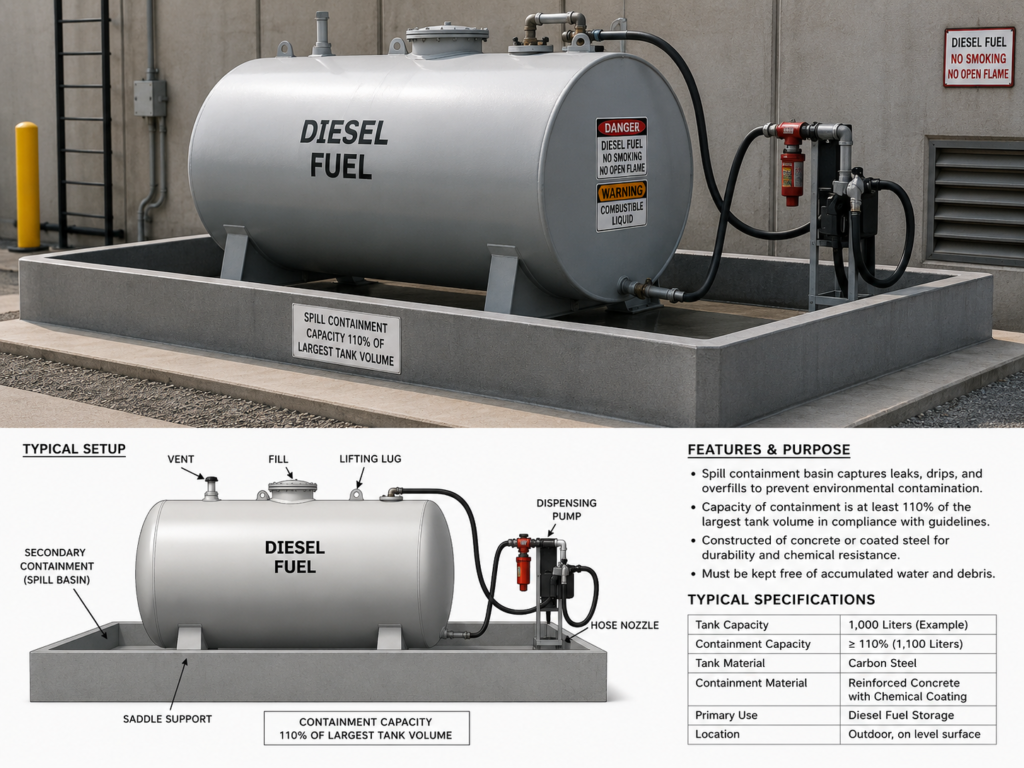 Diesel fuel tank with spill containment