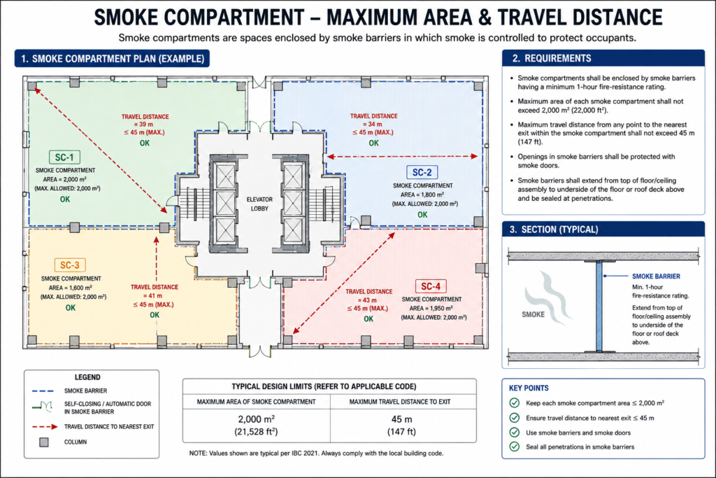Smoke compartment diagram showing maximum area and travel distance
