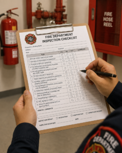 Fire department inspection checklist on a clipboard