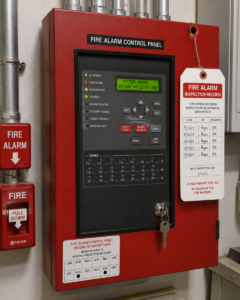 Fire alarm control panel with inspection tags